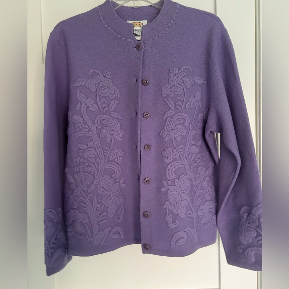 Talbots Lavender Cardigan with Floral Design